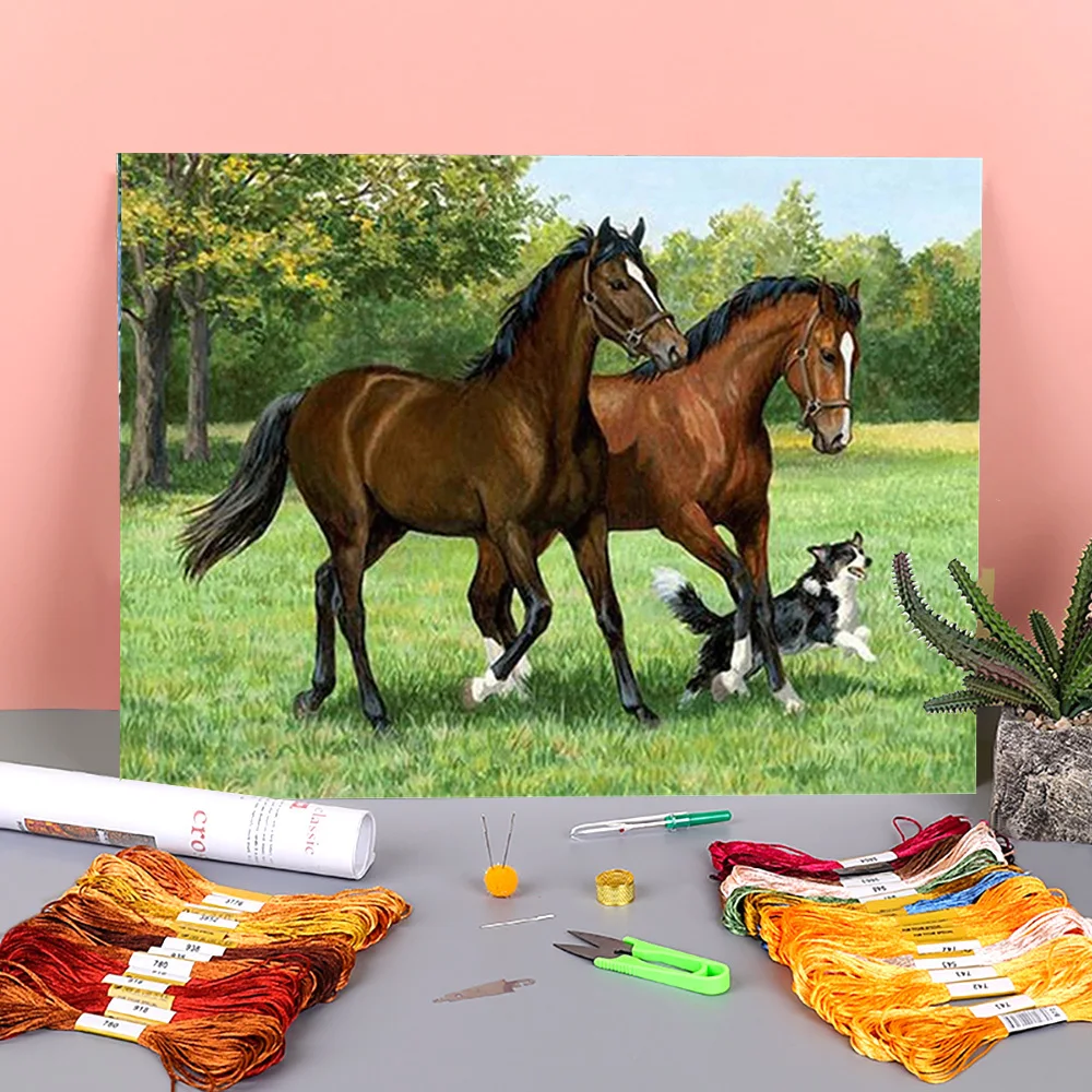 

Animal Horse Flower Printed 11CT Cross-Stitch DIY Embroidery Complete Kit DMC Threads Needlework Sewing Painting Package