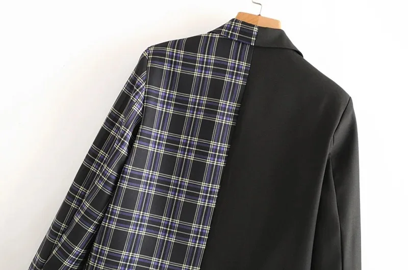 Women Vintage Black Patchwork Plaid Blazers Single Breasted Chic Suits 2023 New Spring Autumn Fashion Casual Long Sleeve Blazer