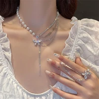 exquisite shiny crystal pearl butterfly necklaces for women korean double layer heart bow choker clavicle chain necklace jewelry