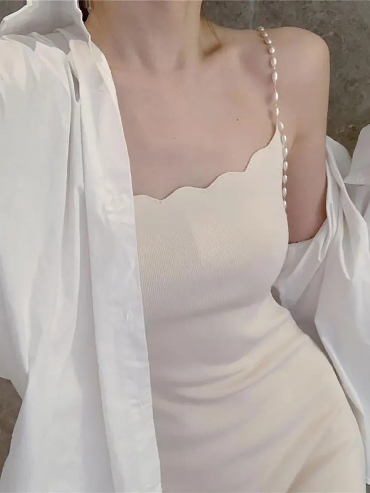 

Pearl Sling Dress Sleeveless Temperament Women Solid Bodycon Dress Female Korean Fashion Elegant Sexy Slimming Trend 2022 Summer