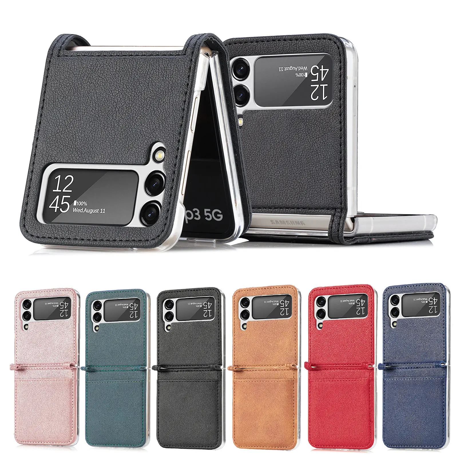 Card Wallet Case for Samsung Z Flip 3 Hard PC Protective Cover For Galaxy Z Flip3 5G SM-F711B Leather Card Slot Phone Case