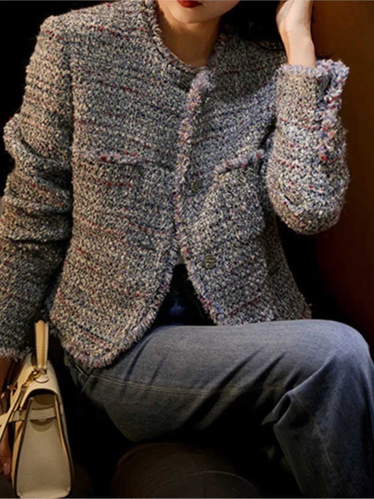 Женское твидовое пальто сезон весна-осень 2024 классическое цельное из органели с