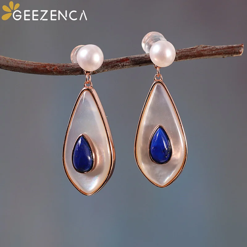 

GEEZENCA Natural Lapis Lazuli White Pearl Shell Oval 925 Silver Earrings For Women Fashion Simple Dangle Earring 2022 New Trend