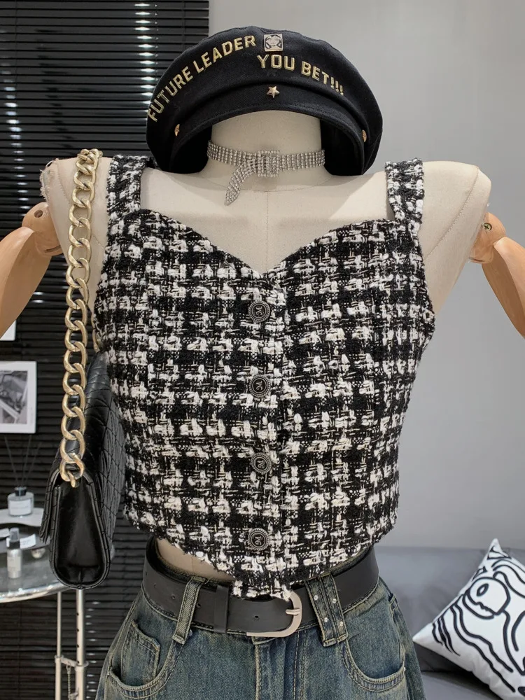 

New Small Fragrance Sequins Tweed Women Summer Single Breasted Casual Camisole Vest Short Jackets Cardigan Sexy Slim Top Female