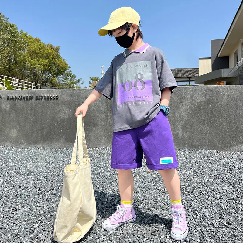 Teen Boys Summer Clothing Suit Letter T-Shirt+Shorts Korean Two Piece Casual Loose Hot Sale For Kids Tracksuit 5 To 14Years Old