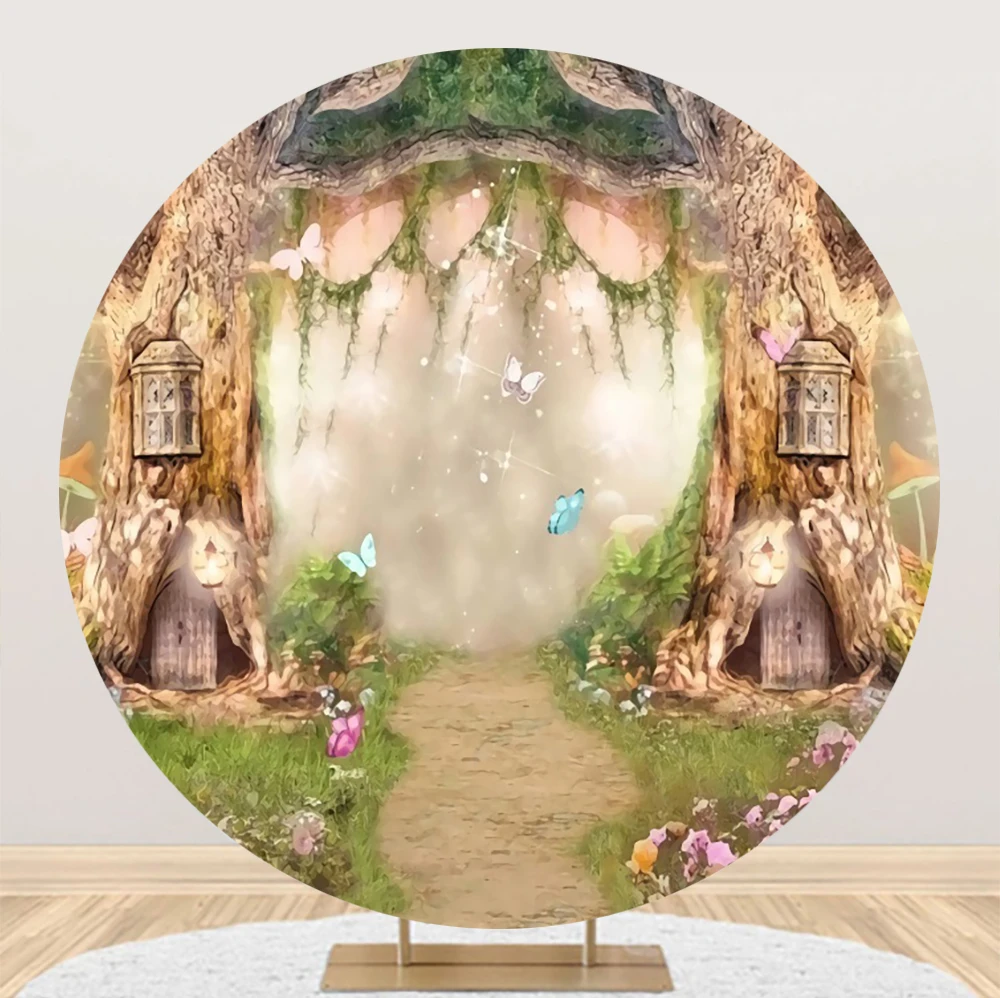 

Laeacco Magic House Spring Garden Cartoon Round Backdrop Kids Birthday Photography Background Butterfly Decoration Booth Props