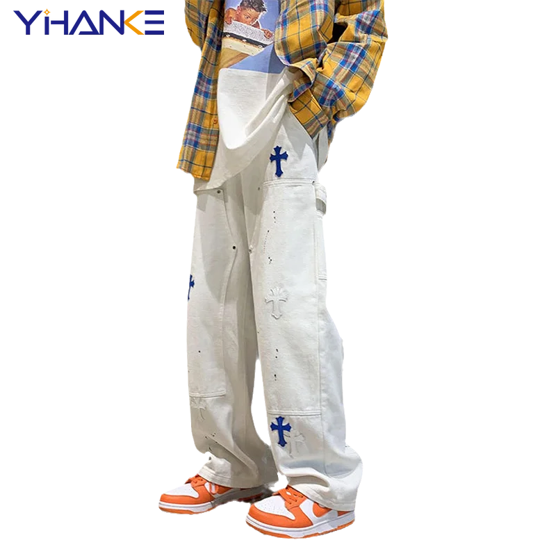 YIHANKE Washed Stitching Jeans Men's and Women's Straight-leg Pants Blue and White Cross Patch Jeans Straight-leg Couple's Pants