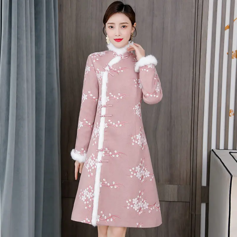 Autumn And Winter Chinese Style Retro Improved Cheongsam Rabbit Fur Collar Embroidered Woolen Coat Dress Elegant Vestidos T983