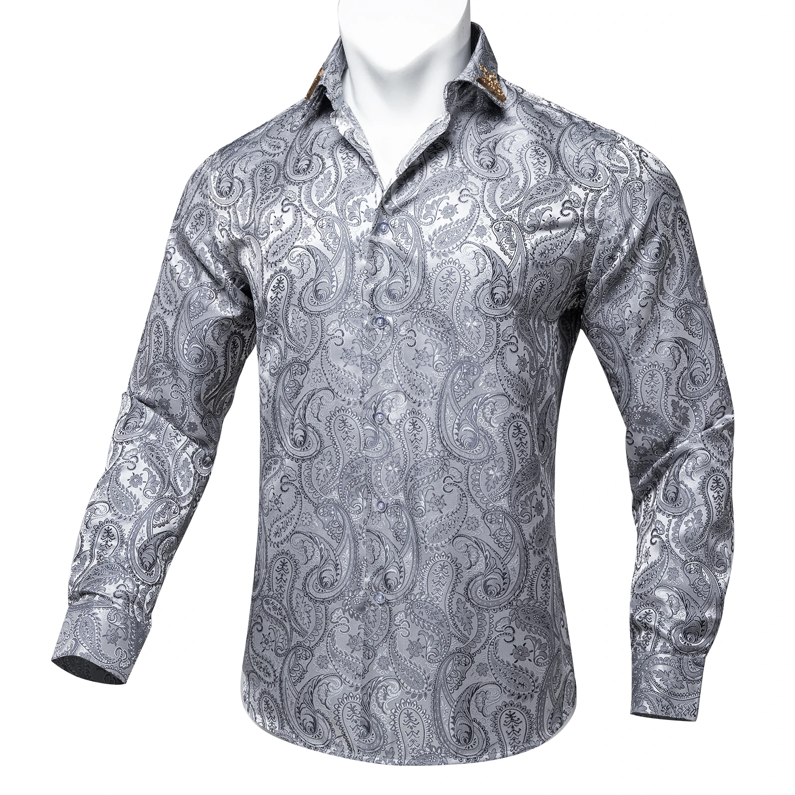 Men Shirt Silver White Casual Long Sleeve Turn-down Collar Shirts Fashion Paisley Floral Business Brand Male Button Blouses Gift
