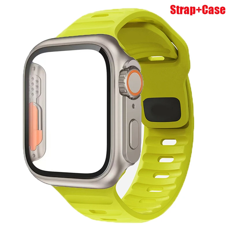 

Soft Silicone Strap+Case For Apple Watch Band 44mm 45mm 41mm 40mm Sport Watchband Titanium Case Glass iwatch Series 8 7 6 5 9 SE