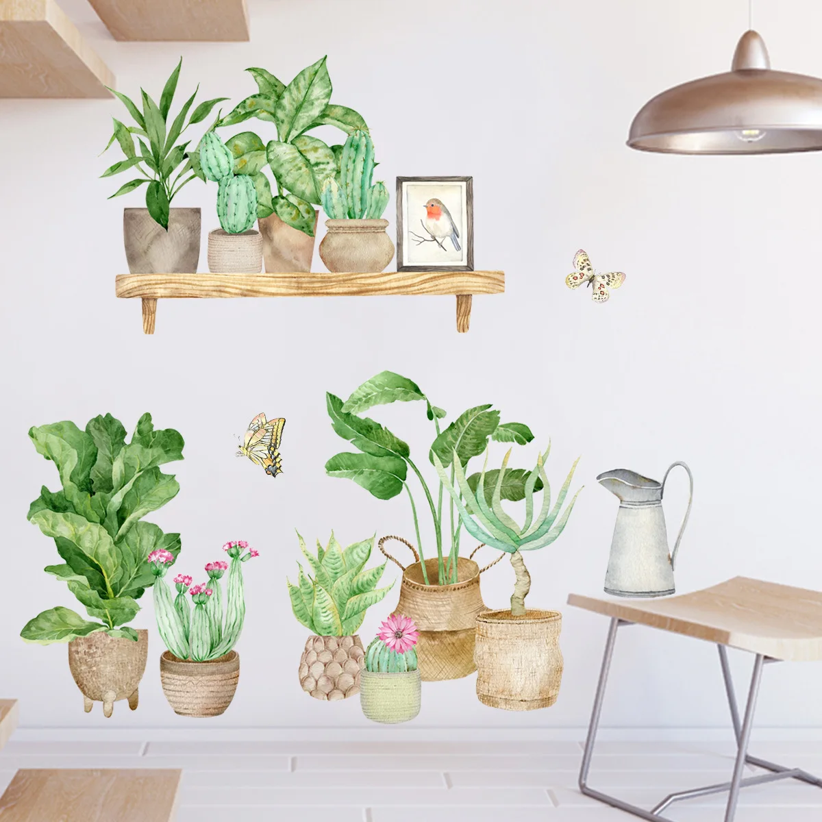 Зеленые горшечные растения и бабочки настенные наклейки для детской комнаты