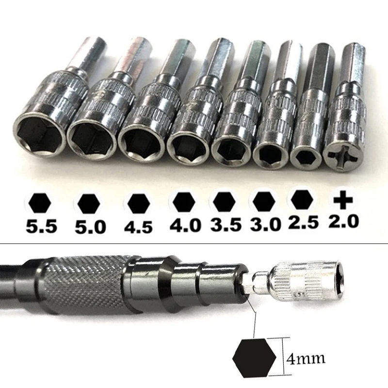 

8pcs Hex SocketH4 Screw Metric Driver Hand Tool Drill Bit PH2.0/M2.5-5.5mm Hex Shank Silver Tone Metal Hex Nut Socket Kit