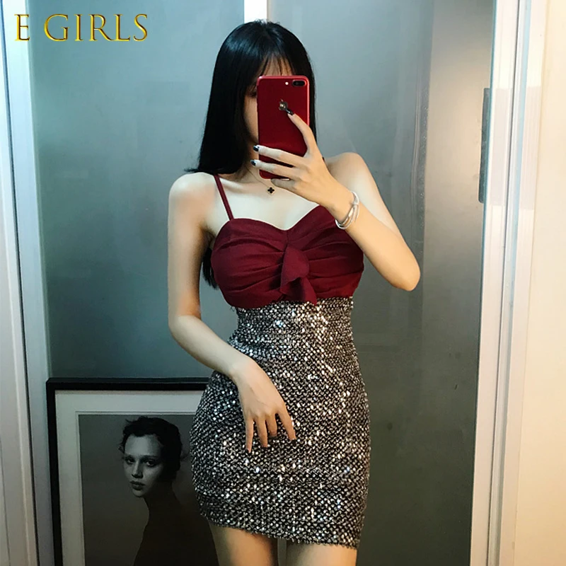 E GIRLS New sexy ruffled camisole + high waist heavy industry sequins slim package hip skirt suit