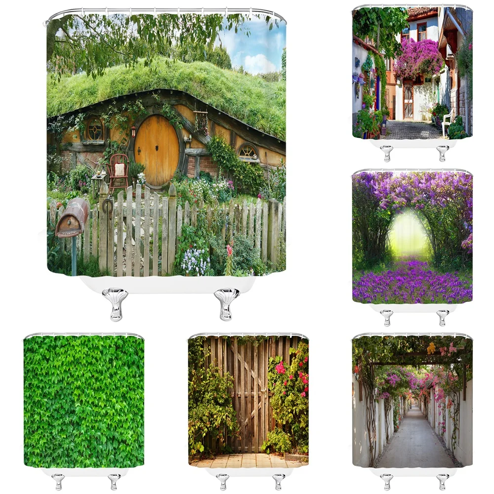 

Park Garden Tree Flowers Nature Landscape Shower Curtain Fence Floral Green Plant Scenery Bathroom Fabric Curtains Bathtub Decor