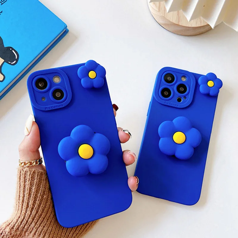 

3D Klein Blue Flower Holder Stand Case for Samsung Galaxy A10 A20 A21S A30 A50 A70 A32 A42 A51 A52 A72 Protective Soft TPU Cover