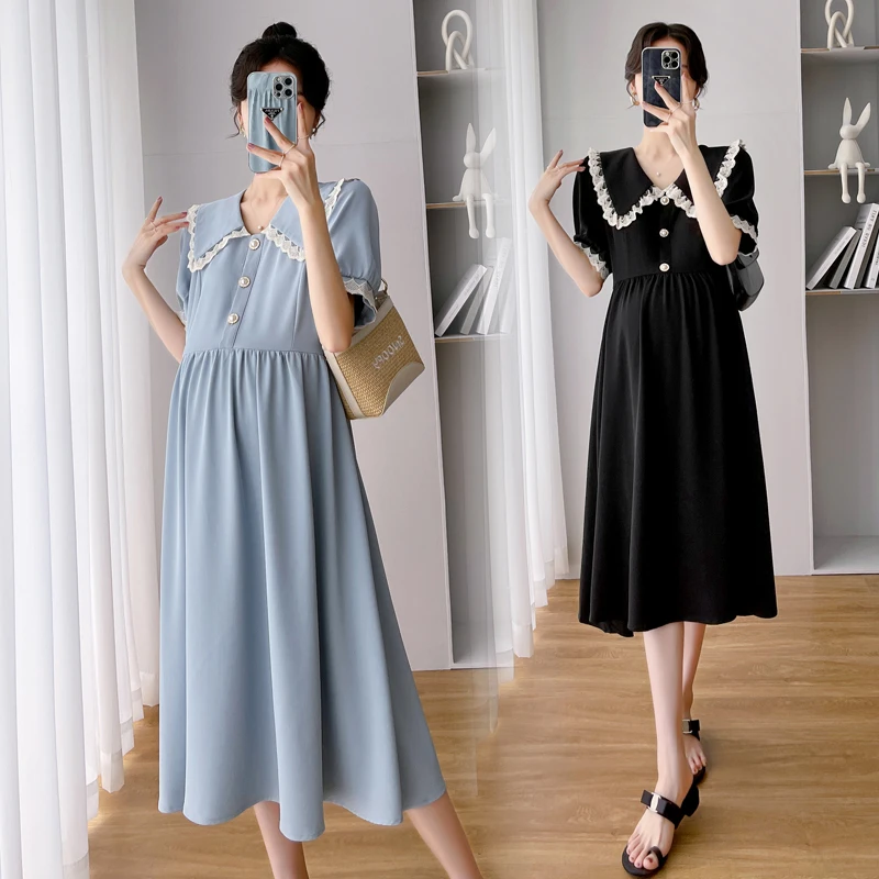 

5898# 2022 Summer Korean Fashion Maternity Long Dress Elegant A Line Slim Clothes for Pregnant Women OL Work Pregnancy Clothing