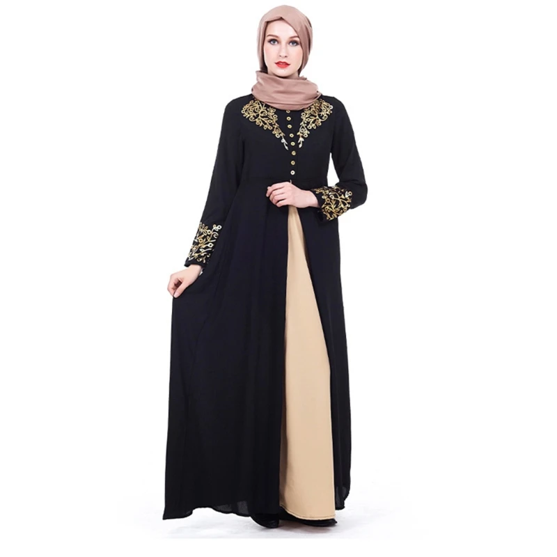 Women's Long Sleeve Printed Patchwork Muslim Dresses Abaya with Buttons