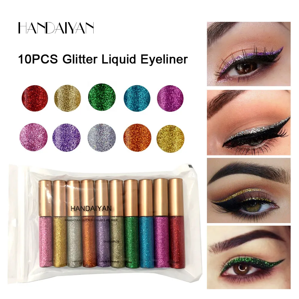 

HANDAIYAN 10 Colors/Box Eye Shadow & Liner Combination Glitter Liquid Eyes Makeup Shimmer Eyeshadow Kit Shinning Eyeliner Pencil