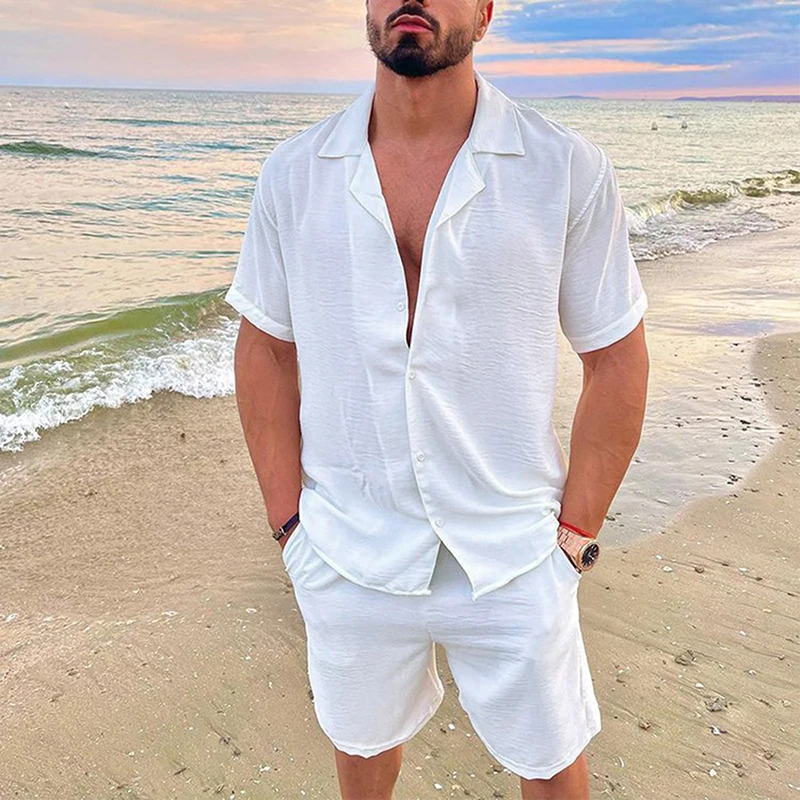 

Fashion Simple Solid Men's Two Piece Sets Leisure Loose Short Sleeve Buttoned Shirts And Shorts Men's Cotton Linen Suits Summer