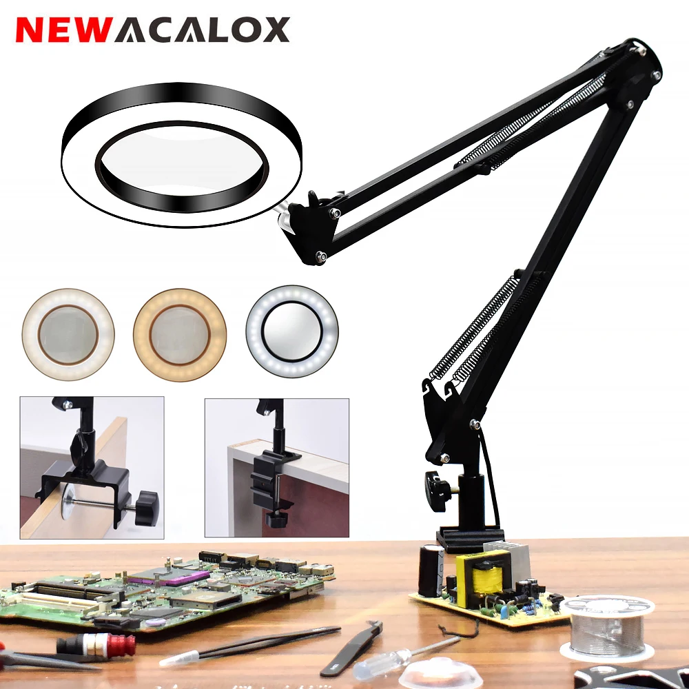 

Светодиодное увеличительное стекло NEWACALOX 5X, настольная лампа с 3 цветами, с регулируемой яркостью, с подсветкой, для сварки, для закрытых раб...