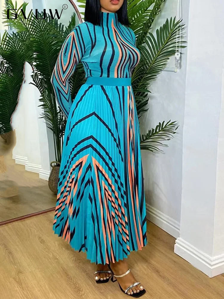 

GVUW Long Sleeve 2 Pieces Set Pleated Women Turtleneck Print T Shirt A-line Elegant Elastic Waist Skirt 2023 Autumn New 17D7342