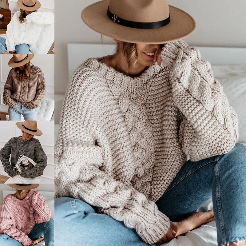

2023 Autumn and Winter New Sweater Women Solid Color Round Neck Twist Off-the-shoulder Sweater Women Pullover Knitter