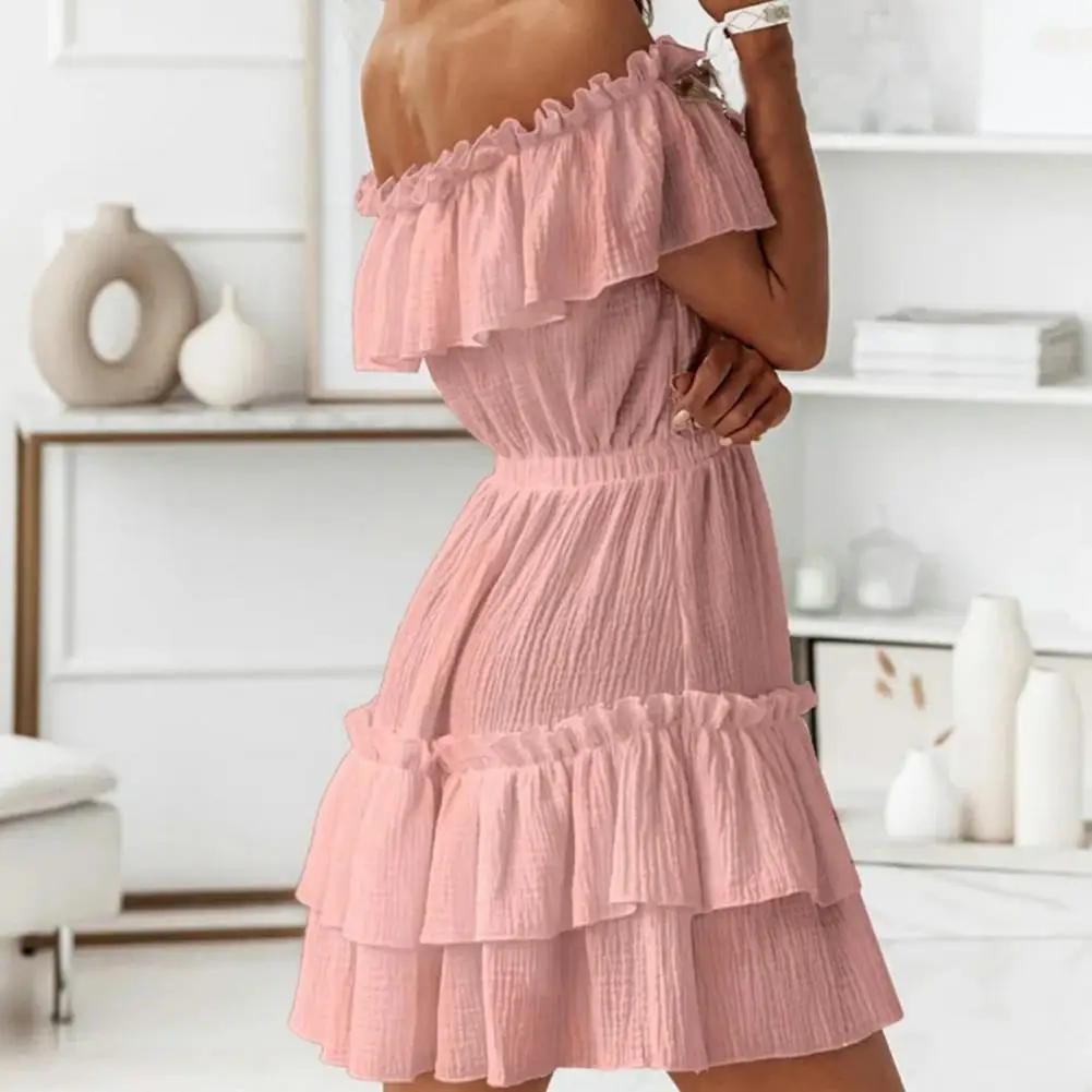 

Solid Color Popular Ruffle Stitching Hem Off Shoulder Mini Dress Pure Colors Mini Dress Thin Female Clothes