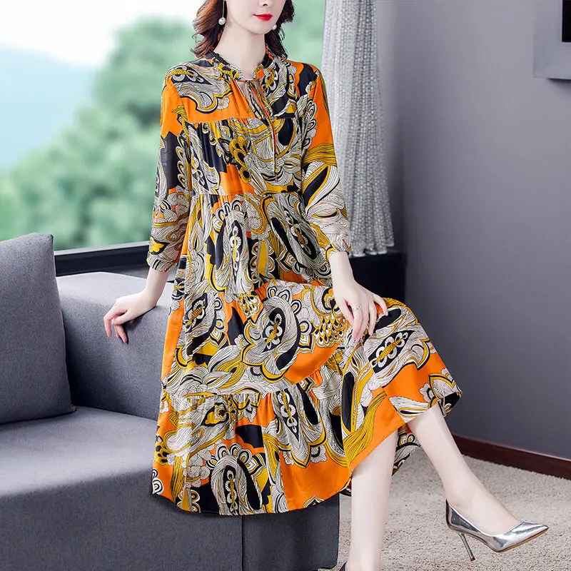 

Spring Floral Printing Chiffon Dress Women Fashion Dress Mid Calf 2023 Autumn Korean Elegant Casual Loose Dresses for Women K45