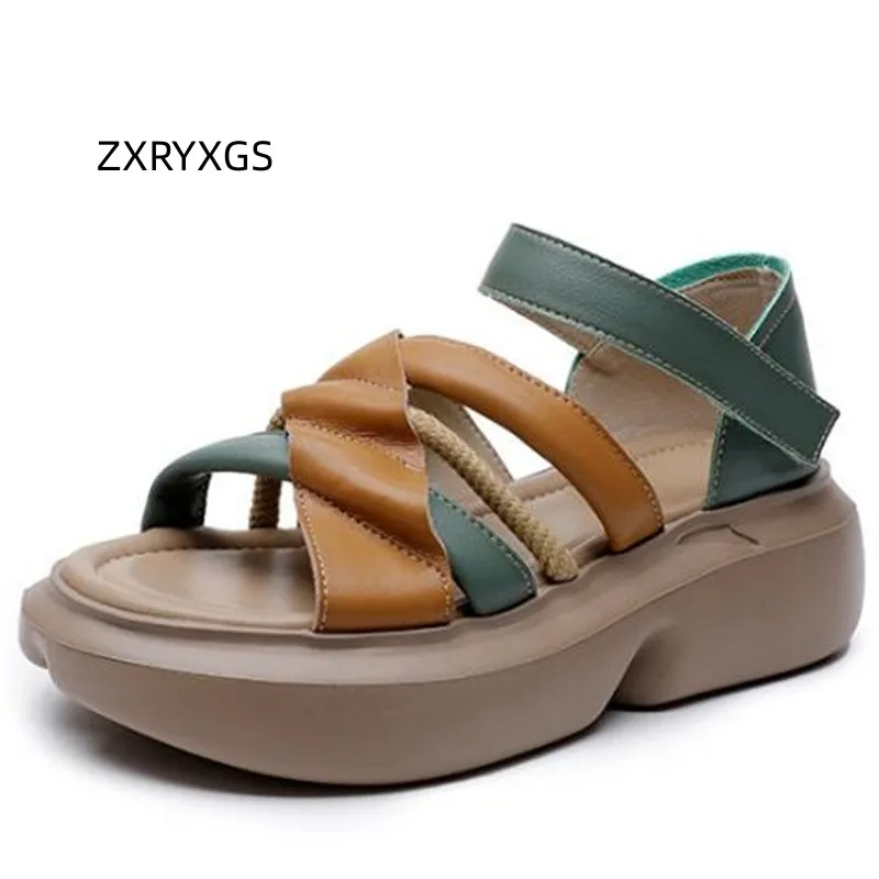 

ZXRYXGS 2023 Spell Color Superior Cowhide Open Toe Shoes Roman Sandals Women Light Thick Sole Wedges Increase Sandals Fashion