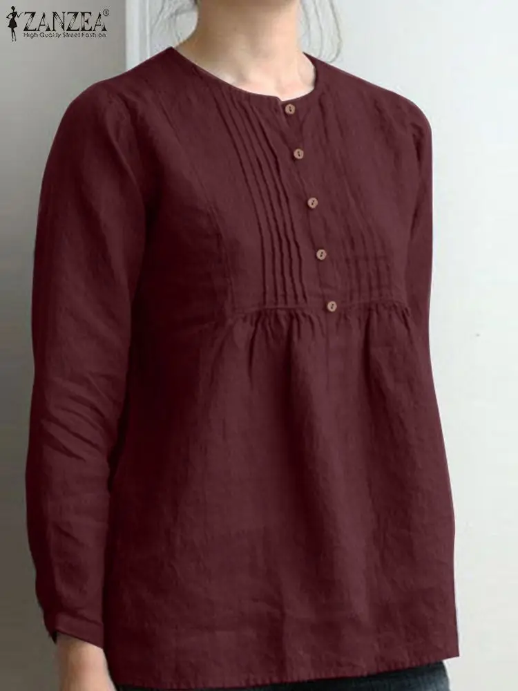 

Винтажная хлопковая блузка ZANZEA для женщин, однотонная плиссированная рубашка с круглым вырезом и длинным рукавом, Повседневная Туника, топ...