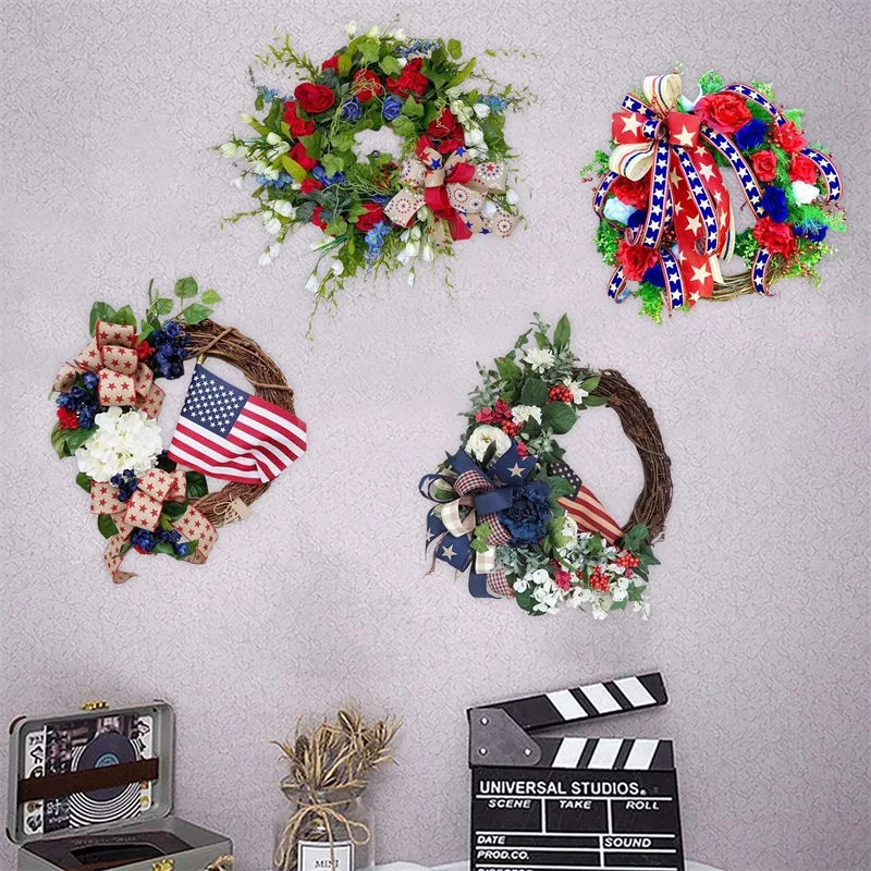 

July 4th Wreath Independence Day Patriotic Porch Handcrafted Memorial Festival Garland Decoration Front Door Wall Home Decor