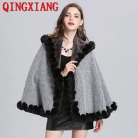 women string fur autumn thick loose poncho shawl with hat big pendulum capes velvet cloak black fur with grey streetwear coat