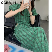 qoerlin khaki jacquard dress women o neck short puff sleeve high waist side hollow out green plaid dress lace up long dresses