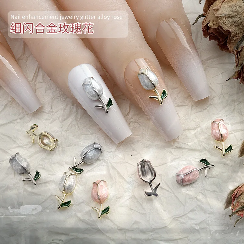 

5/8PCS Japan Luxury Metallic Oil Luster Rose Flowers Tulips Alloy Nail Art Rhinestones Jewelry Decorations Manicure Charms Kits