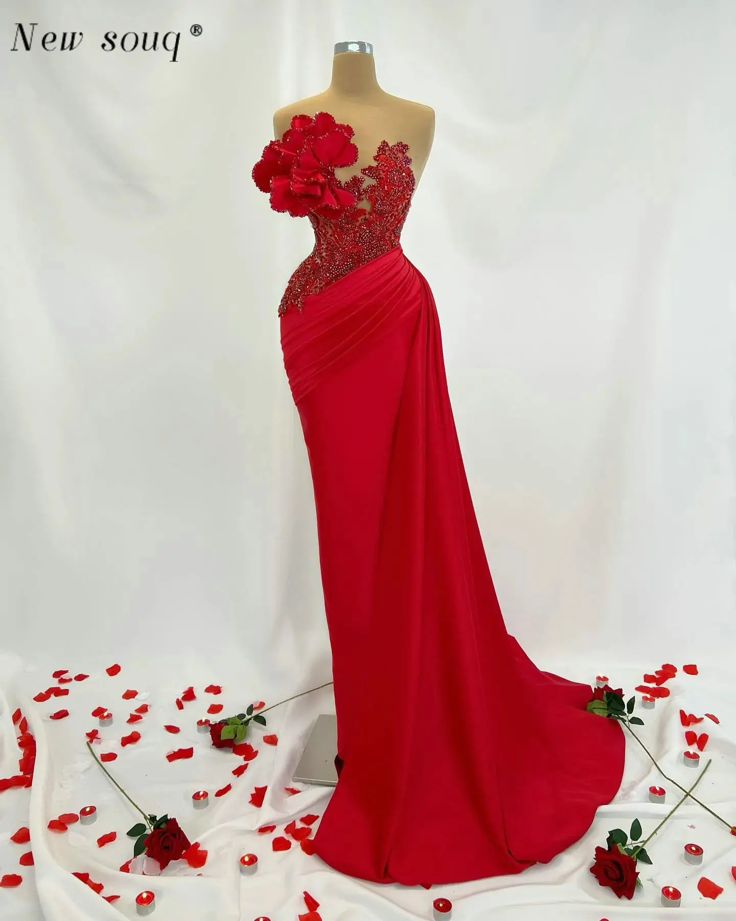 

Elegant Red Flowers Sleeveless Long Evening Dresses with Side Tail Sparkling Rhinestones Mermaid Satin Night Out Party Gowns