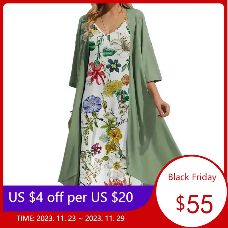 

2023 Womens New Chiffon Two Pieces Summer Cardigan and Dress Year-old Middle-aged And Elderly Womens Dress Outfit