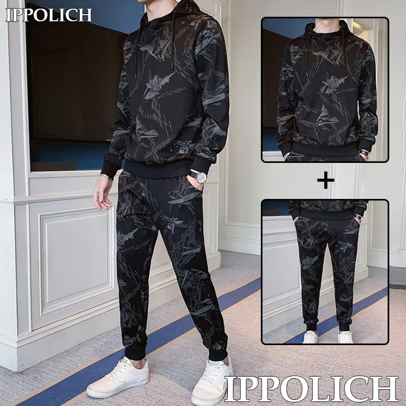 Мужской спортивный костюм хлопковый пуловер с капюшоном и шорты