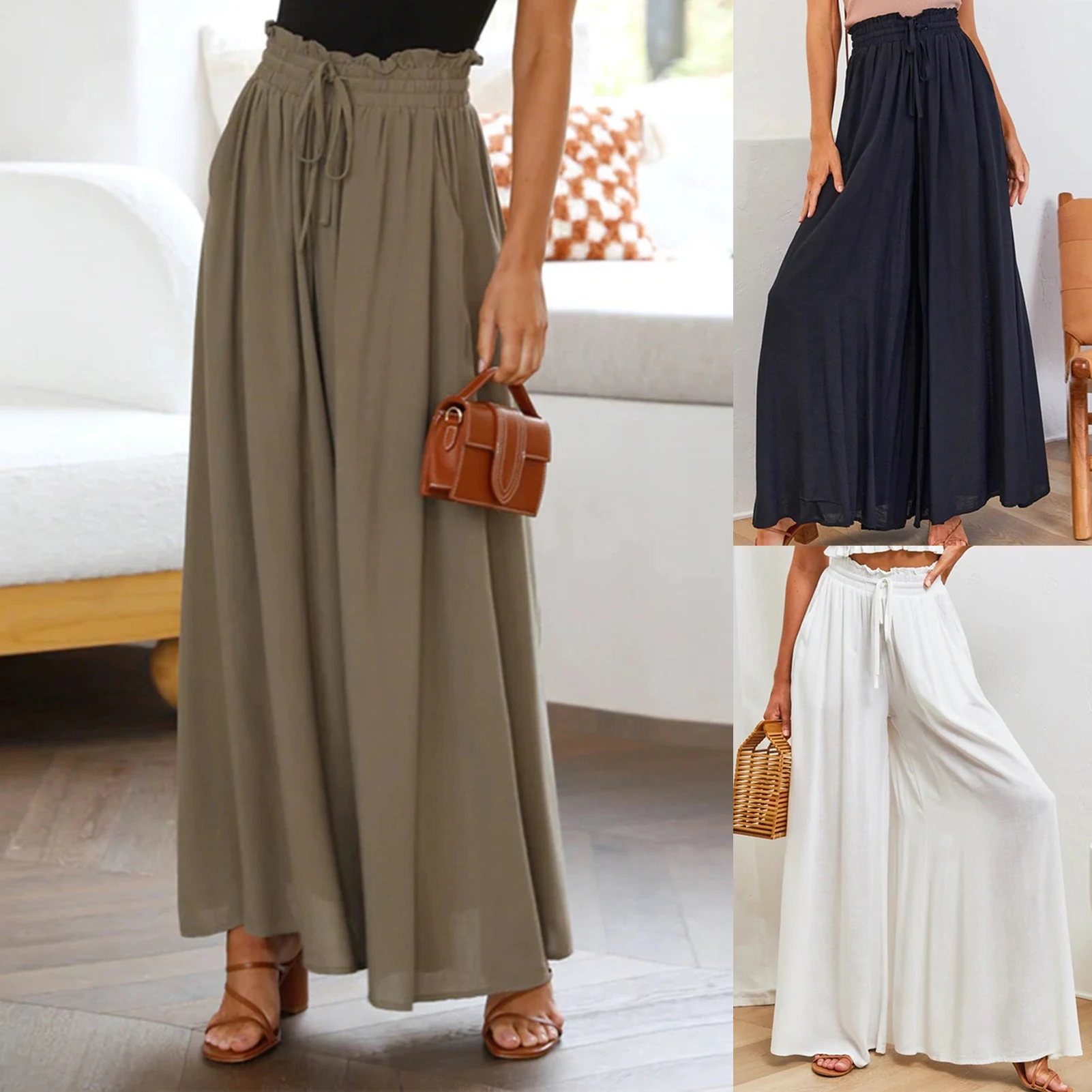 

Comfy Trousers Women Wide Leg Pants Solid Color Ladies Elastic Waist Summer Trousers Loose Bohemian Style Office Lady Suit