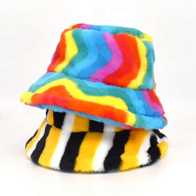 

Winter Faux Fur Bucket Hats Rainbow Striped Womens Thick Warm Lady Fluffy Panama Hats Outdoor Velvet Fisherman Hats