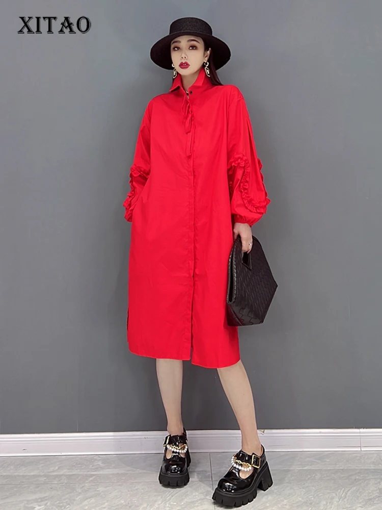 

XITAO Solid Single Breasted Dress Women 2022 Summer New Personality Fashion Loose Turn-down Collar Full Sleeve Dress WMD5617