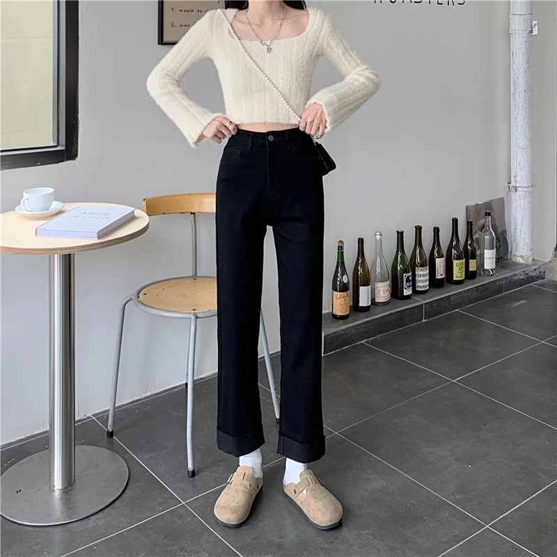 

DD1591 New high waist slim fit straight denim wide leg pants jeans