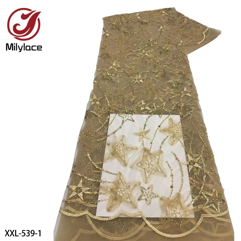 

Hot Sale African Lace Fabric French Lace Fabric Mesh Embroidered Sequins Fabric with Tulle Lace Fabric for Wedding Dress XXL-539