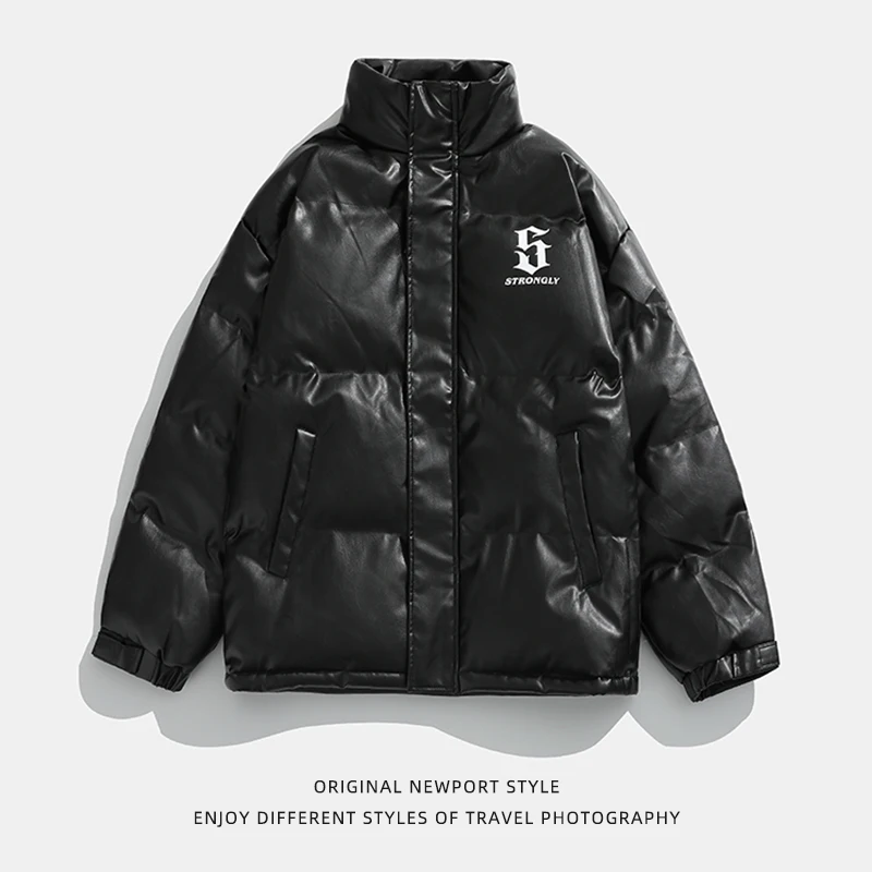 Mens Winter Jackets PU Leather Padded Parkas Harajuku Letter Printed Streetwear Hip Hop Oversized Casual Unisex Coats