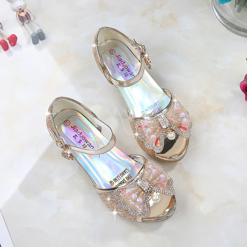 Fashion Children's High Heels Princess Sandals Bow-knot Rhinestone Pearl Sequined Medium Big Girls Kid Shoes For Wedding Party enlarge