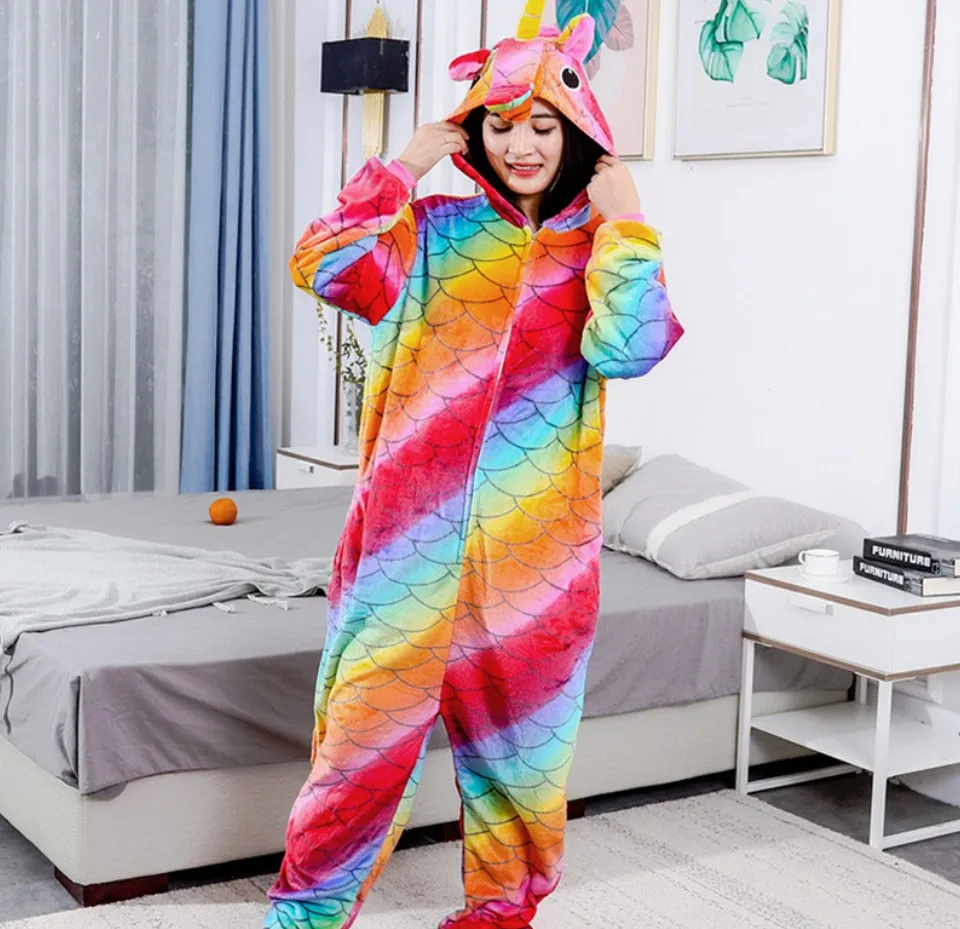 Colourful Adult One-Piece Pajamas Cartoon Jumpsuit Full Body Sleepwear Thicken Warm Soft Comfortable  Onesies