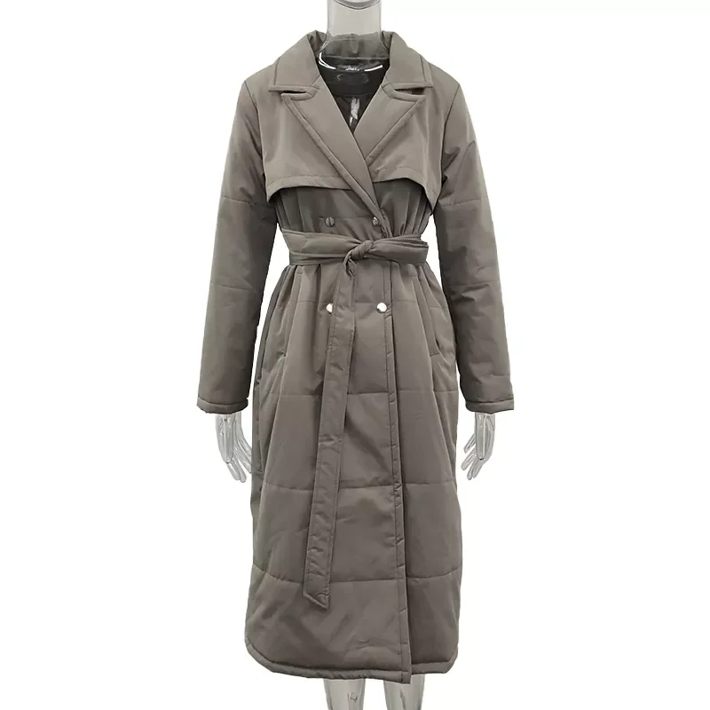 Long Turn Down Collar Parkas Women Fashion Double Breasted Coats Women Elegant Tie Belt Cotton Jackets Female Ladies