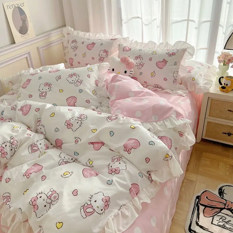 Sanrio pure cotton four-piece quilt cover sheet girl Hello Kitty cartoon three-piece children's Korean version ins princess