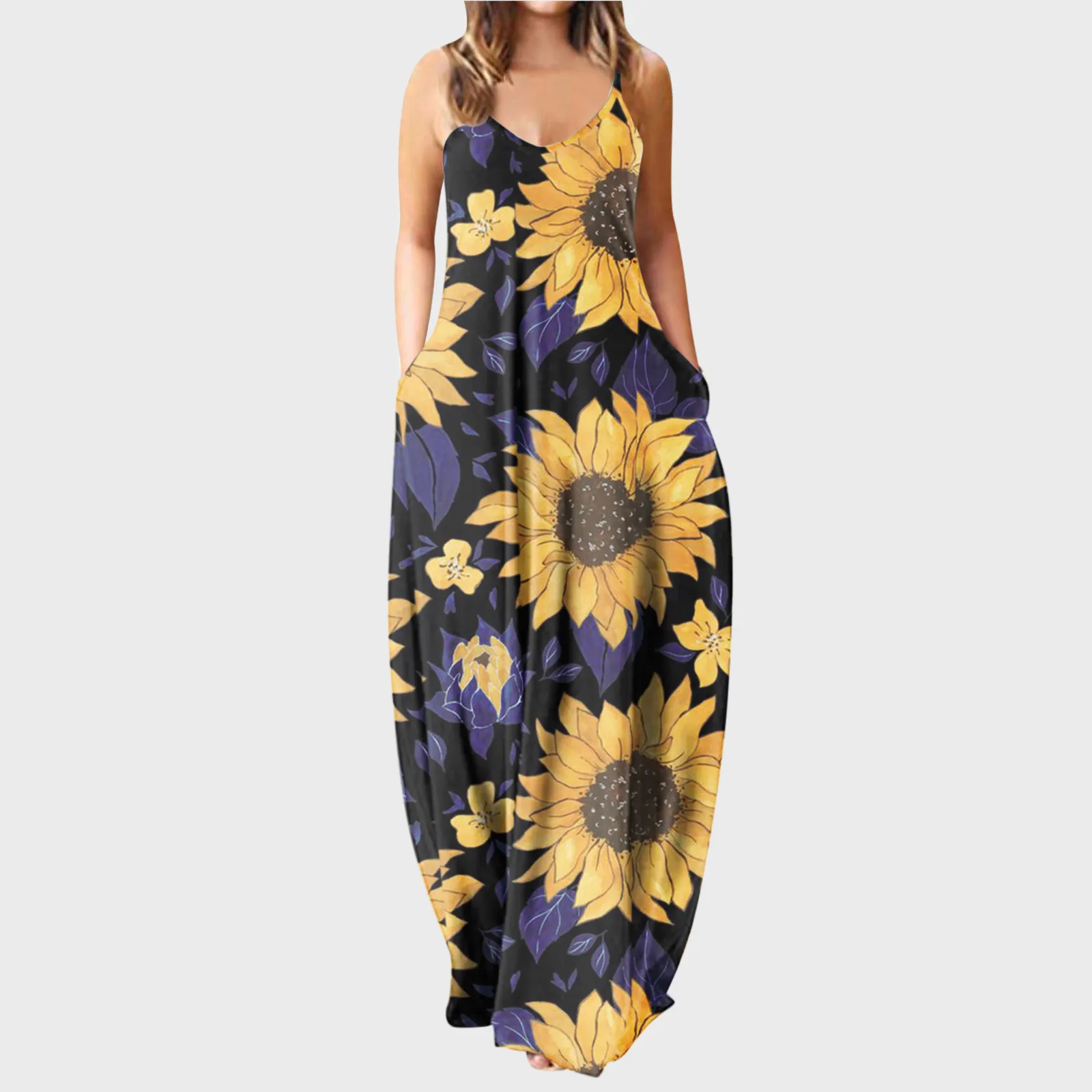 

Женское повседневное длинное платье на бретельках, свободное винтажное платье макси в стиле бохо с карманами, большие цветочные платья, лет...