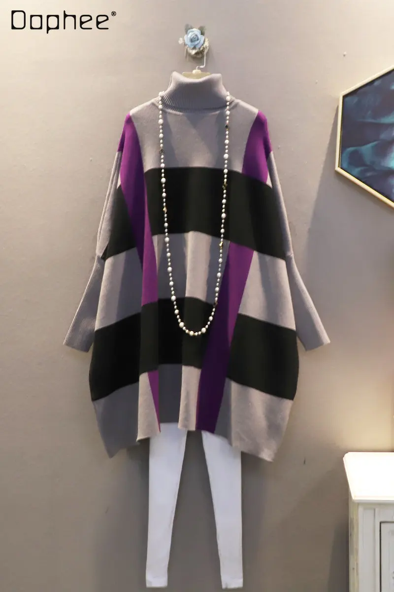 

Winter New Trendy Contrast Color Striped High Collar Sweater Tops for Women Loose Oversize Elegant Knitted Sweater Dress Ladies