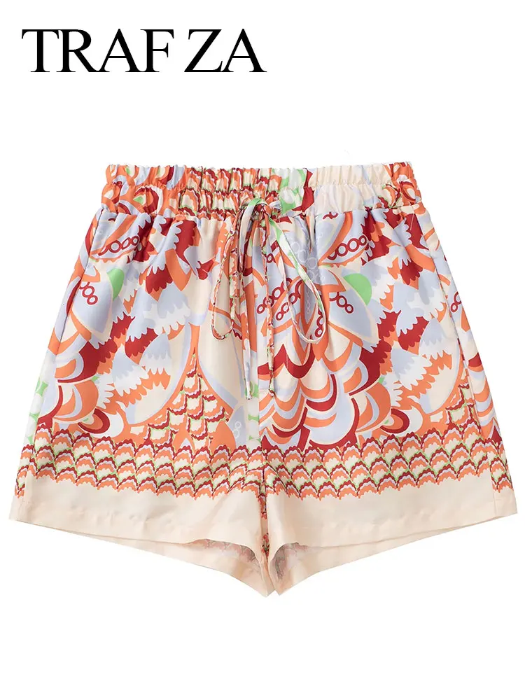 

TRAF ZA Comfortable Lightweight Beach Resort Style Lady Shorts Elastic Waist Drawstring Pockets Vintage Print Women's Shorts